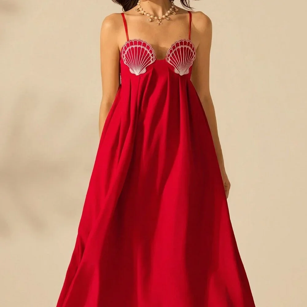 Red Casual A-Line Women's Seashell Embroidery Beach Party Sun Dress - Picture 6 of 7
